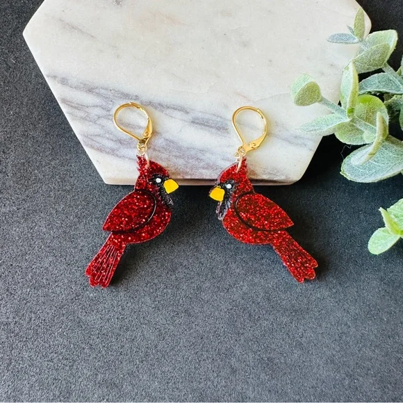 Christmas Cardinal Earrings Songbird, Winter bird - Picture 2 of 6